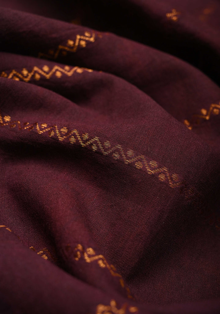 Veldhari Stripes Wine Cotton Saree with Horizontal Zari stripes and Peacock contrast Zari border, No blouse Piece