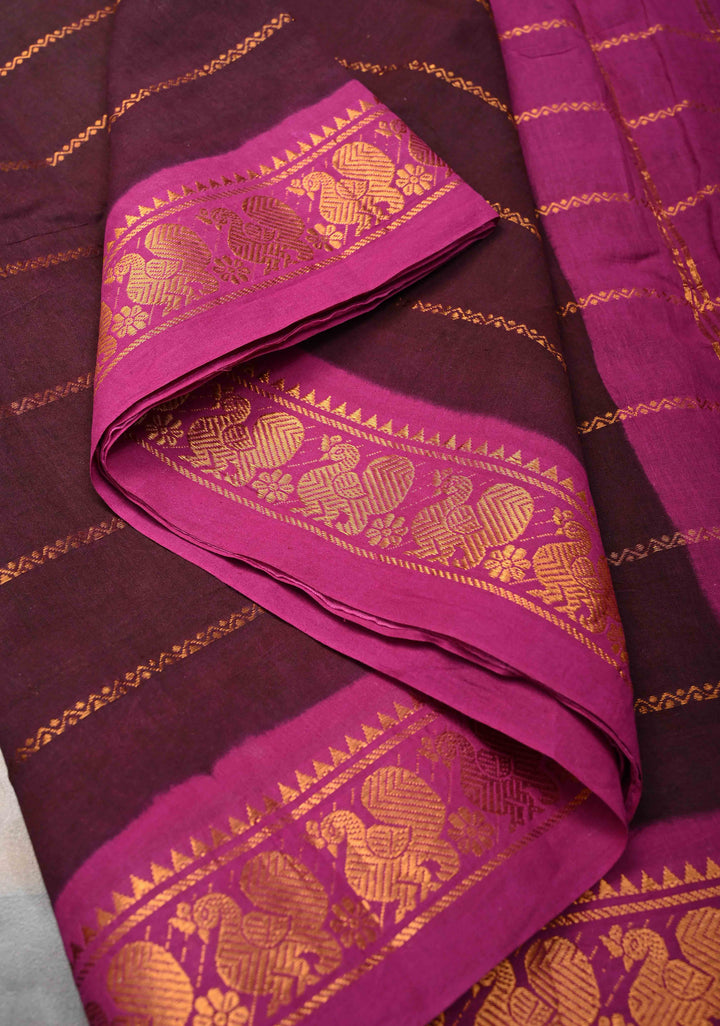 Veldhari Stripes Wine Cotton Saree with Horizontal Zari stripes and Peacock contrast Zari border, No blouse Piece