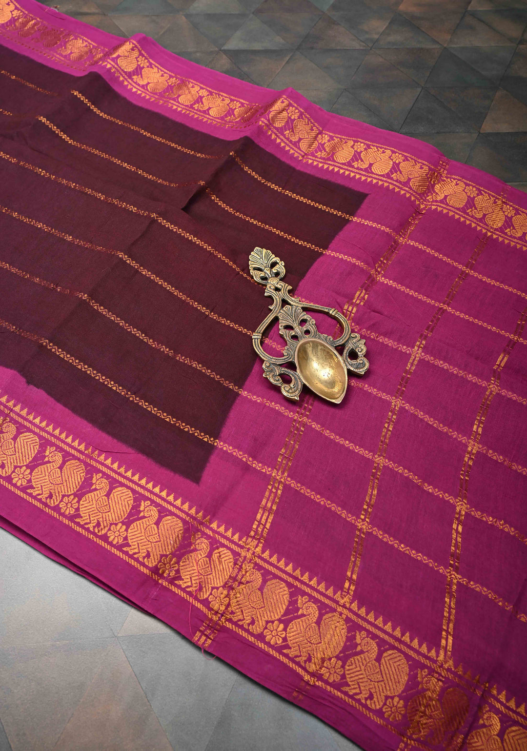 Veldhari Stripes Wine Cotton Saree with Horizontal Zari stripes and Peacock contrast Zari border, No blouse Piece