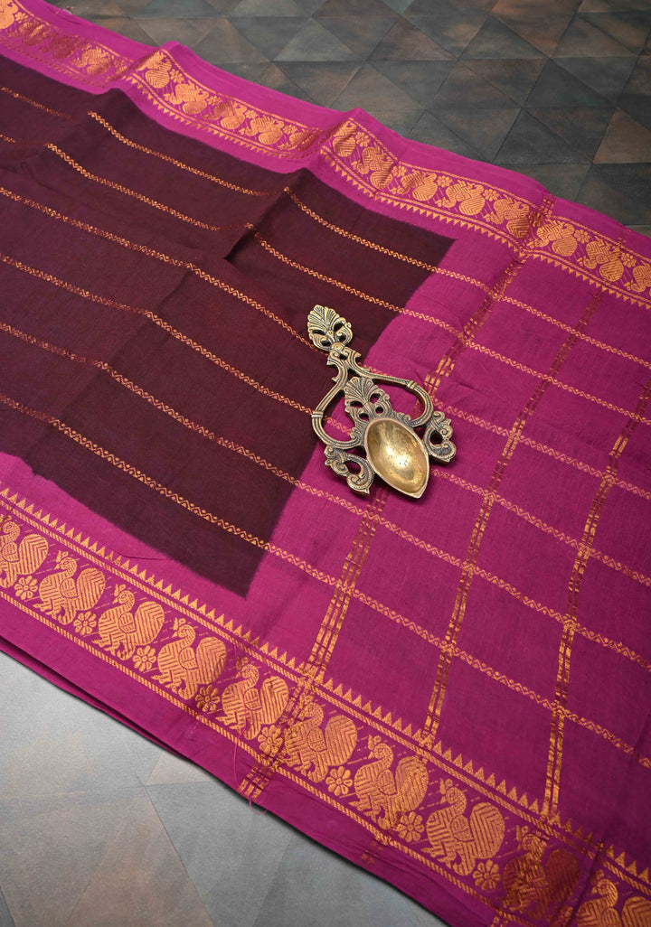 Veldhari Stripes Wine Cotton Saree with Horizontal Zari stripes and Peacock contrast Zari border, No blouse Piece