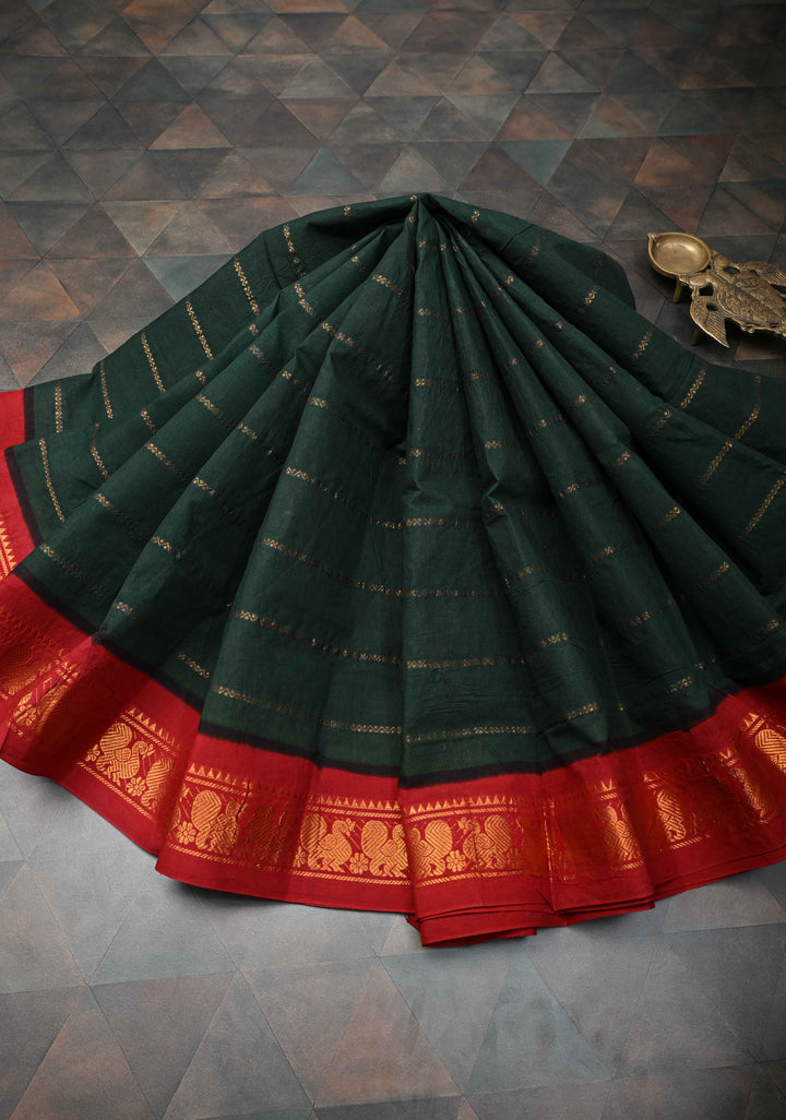Veldhari Jungle green Cotton Saree with Horizontal Zari stripes and Peacock contrast Zari border , No blouse Piece