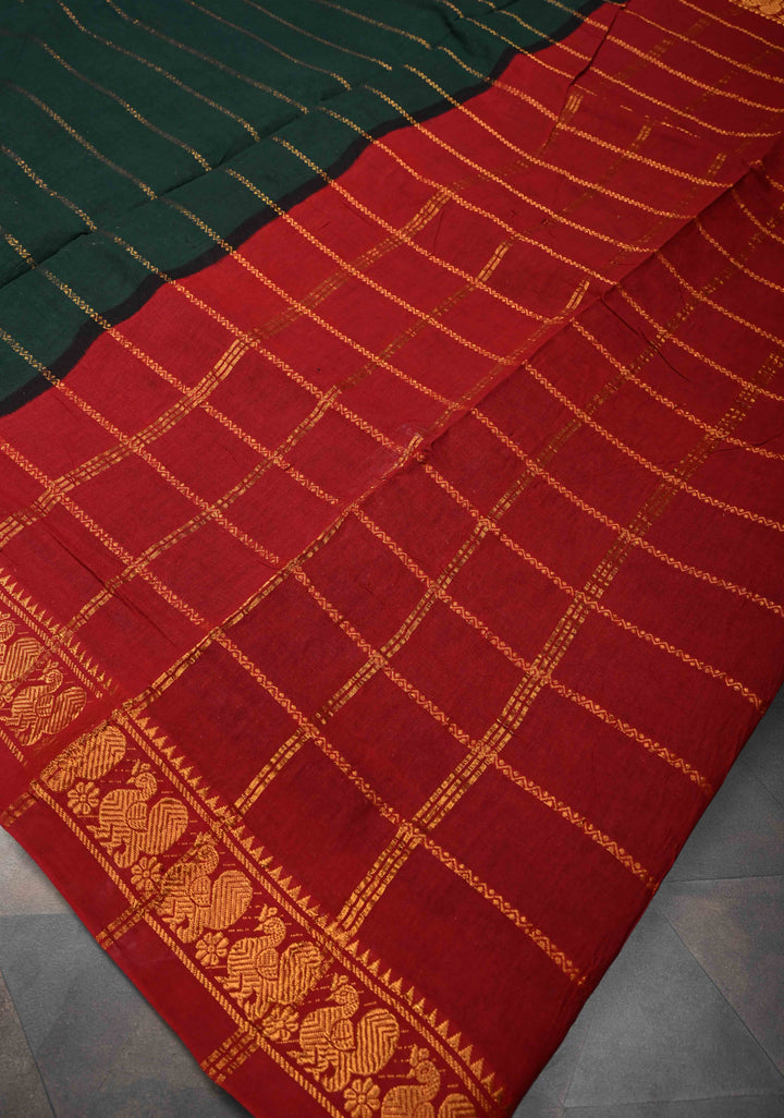 Veldhari Jungle green Cotton Saree with Horizontal Zari stripes and Peacock contrast Zari border , No blouse Piece