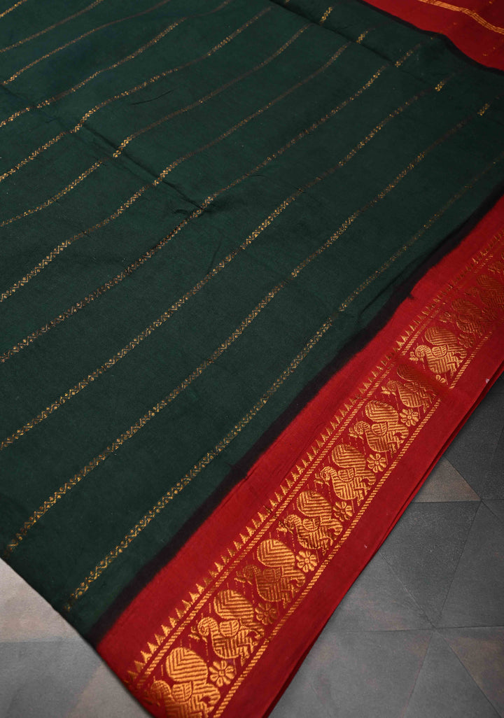 Veldhari Jungle green Cotton Saree with Horizontal Zari stripes and Peacock contrast Zari border , No blouse Piece