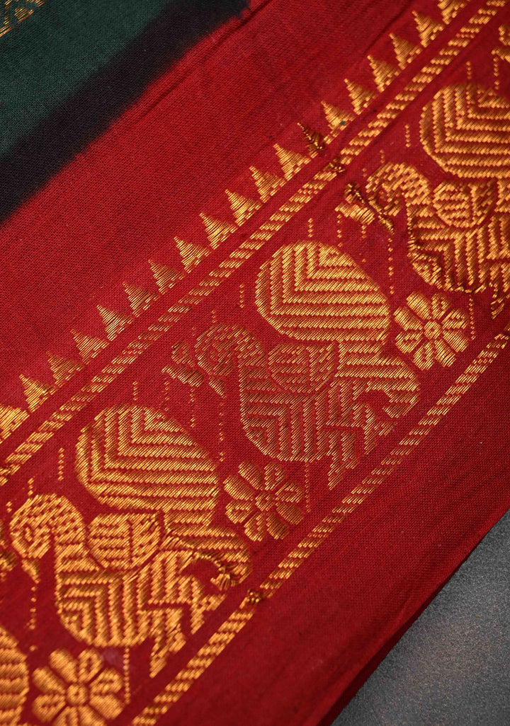 Veldhari Jungle green Cotton Saree with Horizontal Zari stripes and Peacock contrast Zari border , No blouse Piece