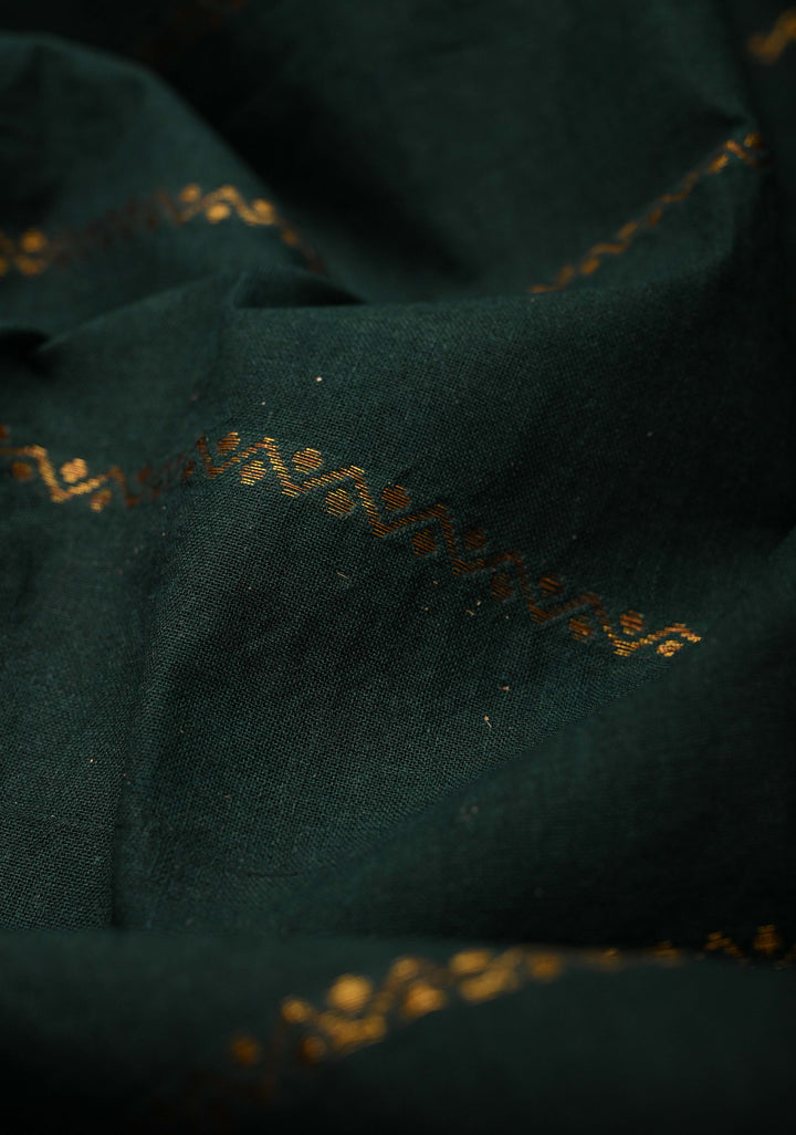 Veldhari Jungle green Cotton Saree with Horizontal Zari stripes and Peacock contrast Zari border , No blouse Piece