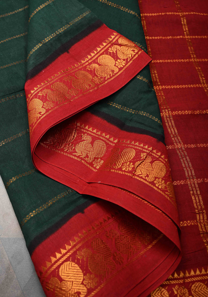 Veldhari Jungle green Cotton Saree with Horizontal Zari stripes and Peacock contrast Zari border , No blouse Piece