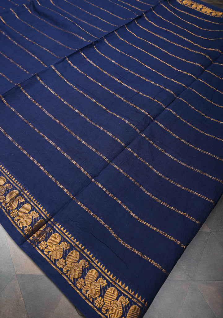 Navy Blue Veldhari Zari Stripes Saree on Pure Madurai Cotton, No blouse Piece
