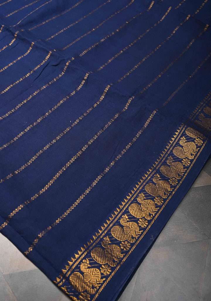 Navy Blue Veldhari Zari Stripes Saree on Pure Madurai Cotton, No blouse Piece