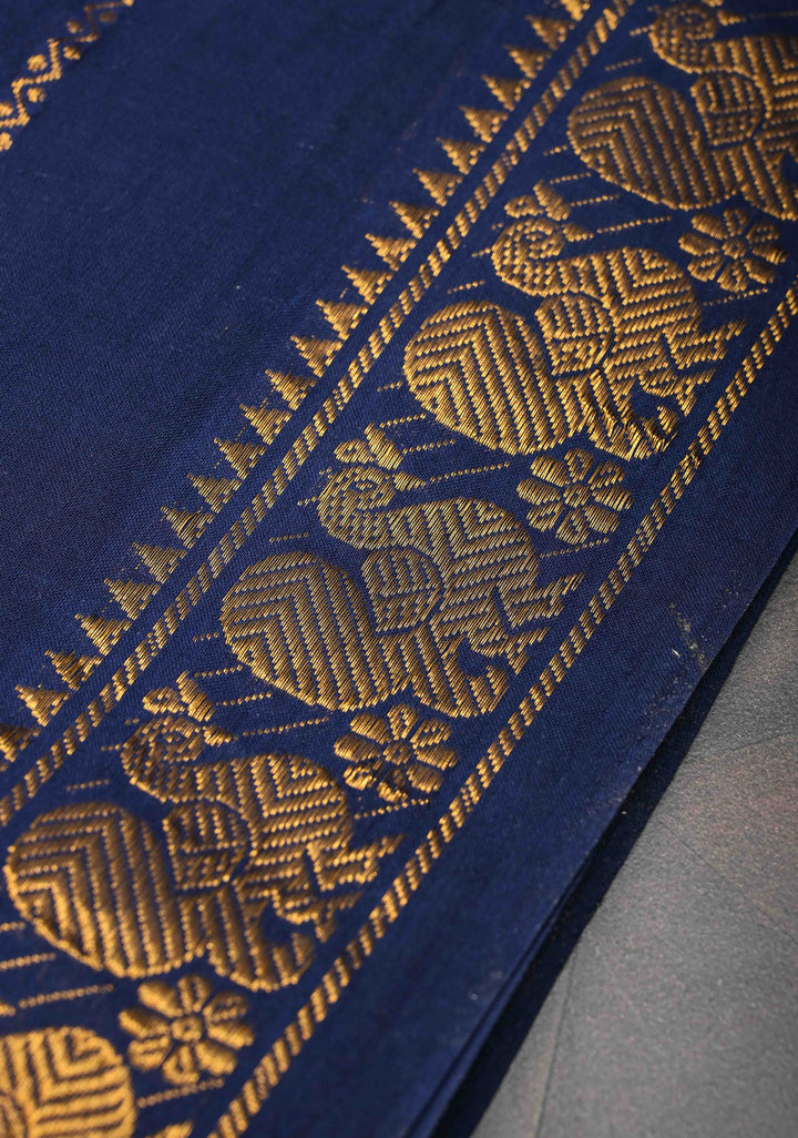 Navy Blue Veldhari Zari Stripes Saree on Pure Madurai Cotton, No blouse Piece