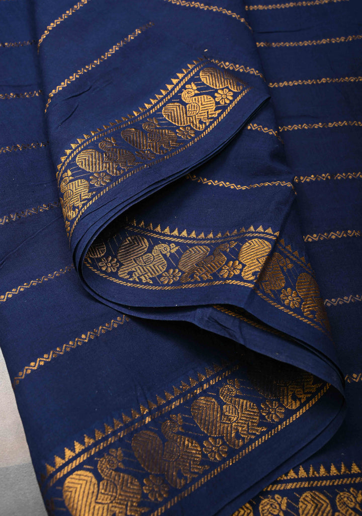 Navy Blue Veldhari Zari Stripes Saree on Pure Madurai Cotton, No blouse Piece