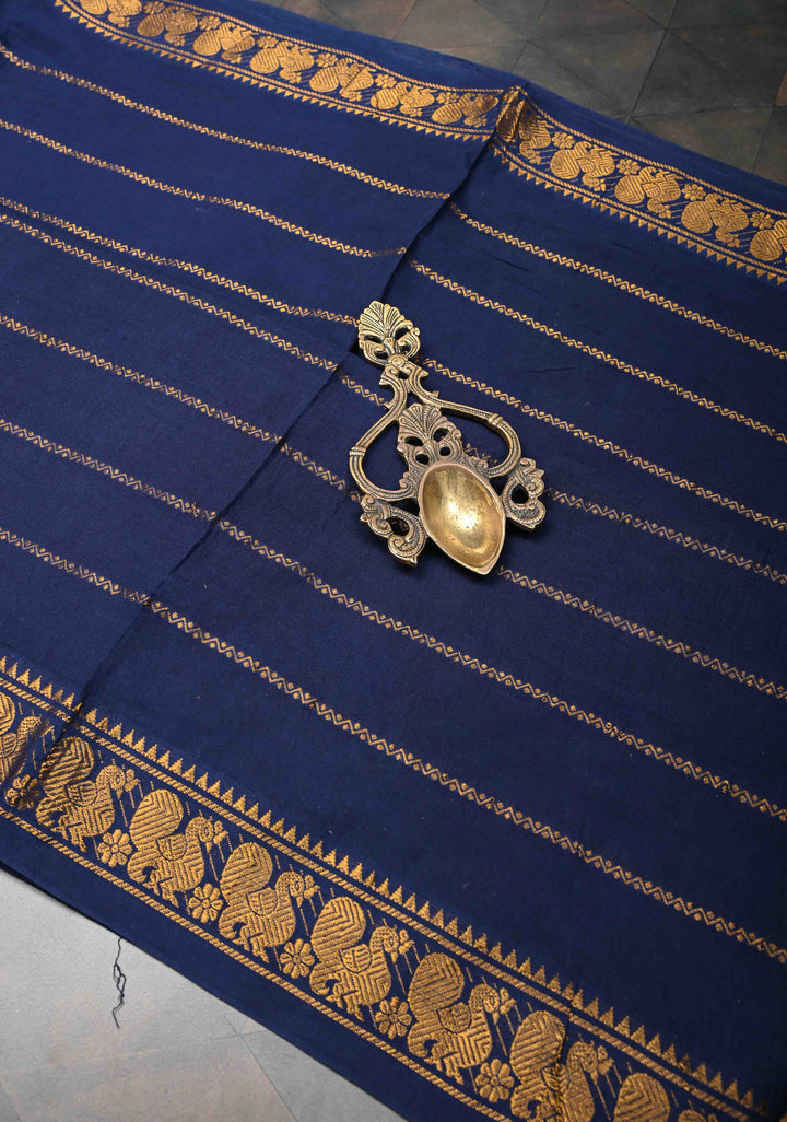 Navy Blue Veldhari Zari Stripes Saree on Pure Madurai Cotton, No blouse Piece