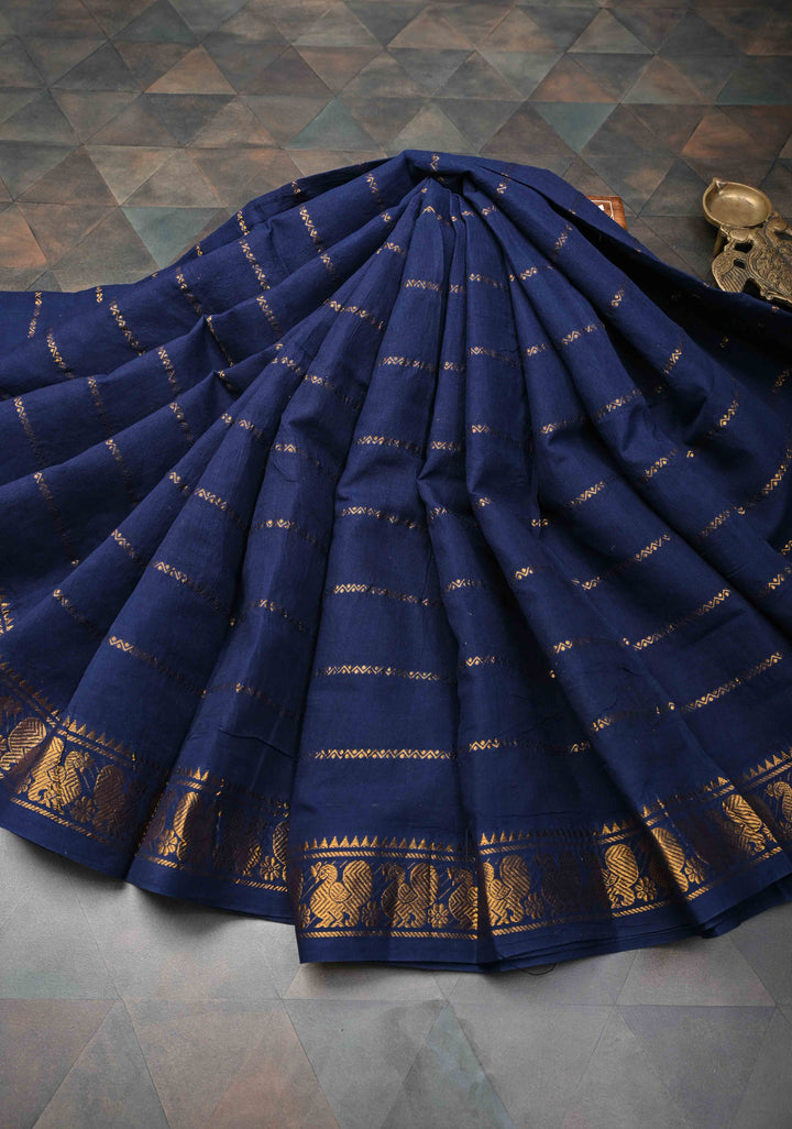 Navy Blue Veldhari Zari Stripes Saree on Pure Madurai Cotton, No blouse Piece