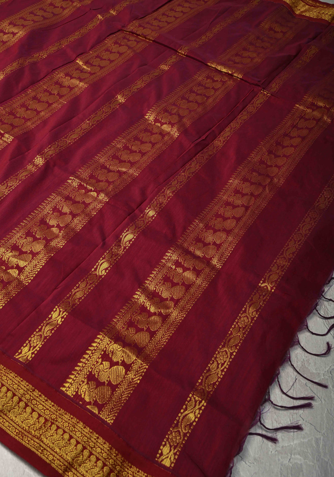 Purple Iris Venkatagiri Cotton Silk Saree with Resham Buttas and Contrast Pink Zari Border