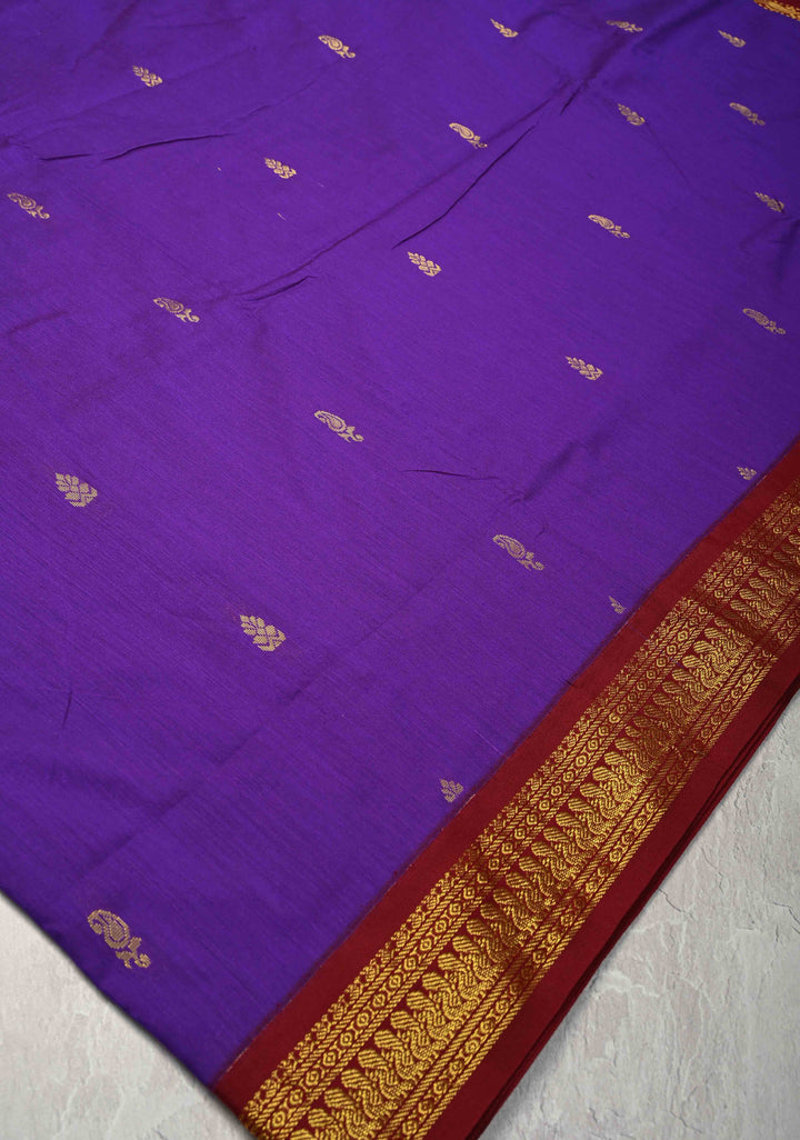 Purple Iris Venkatagiri Cotton Silk Saree with Resham Buttas and Contrast Pink Zari Border