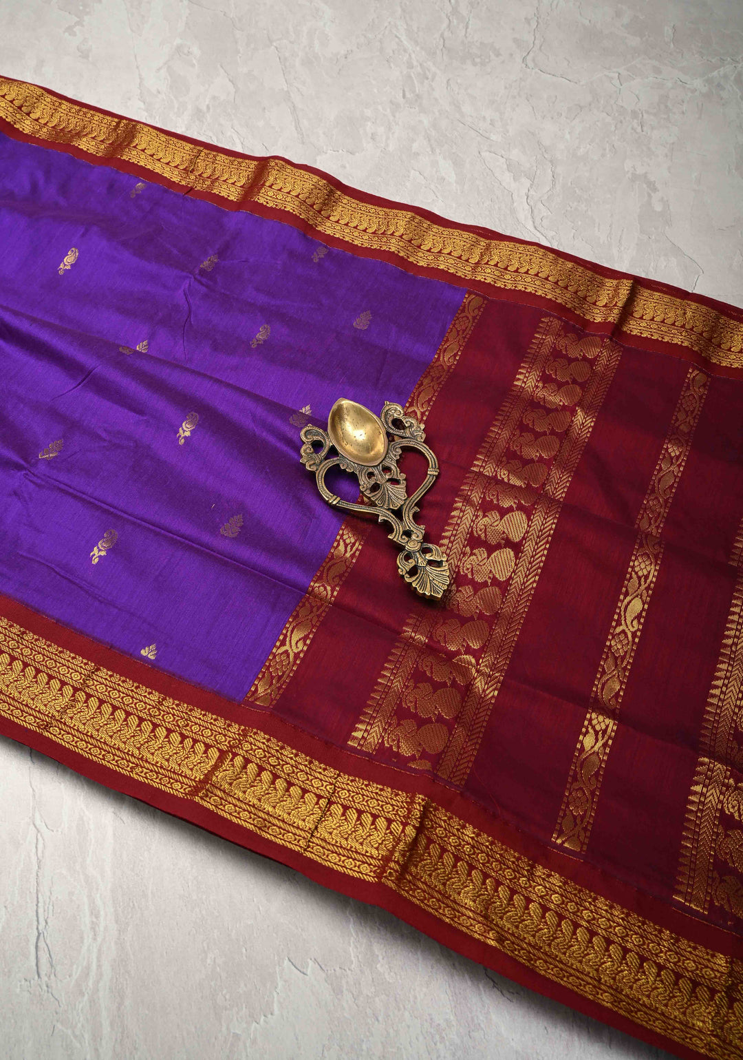 Purple Iris Venkatagiri Cotton Silk Saree with Resham Buttas and Contrast Pink Zari Border
