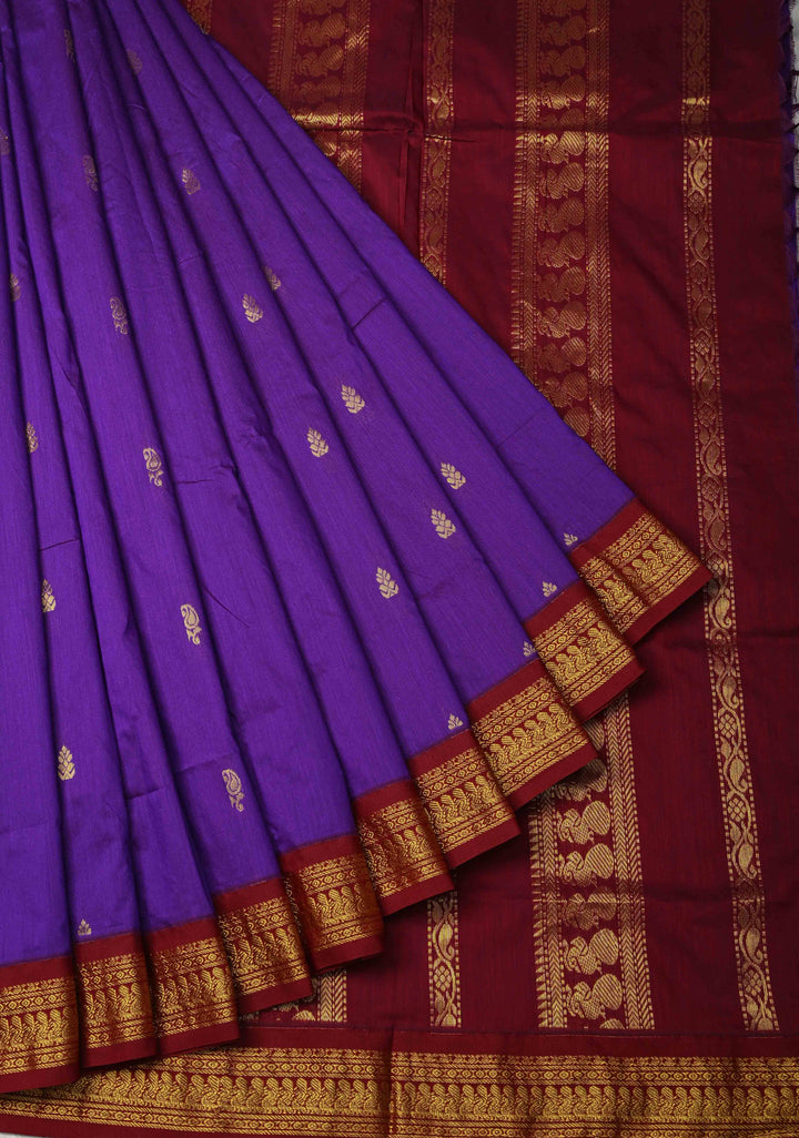 Purple Iris Venkatagiri Cotton Silk Saree with Resham Buttas and Contrast Pink Zari Border