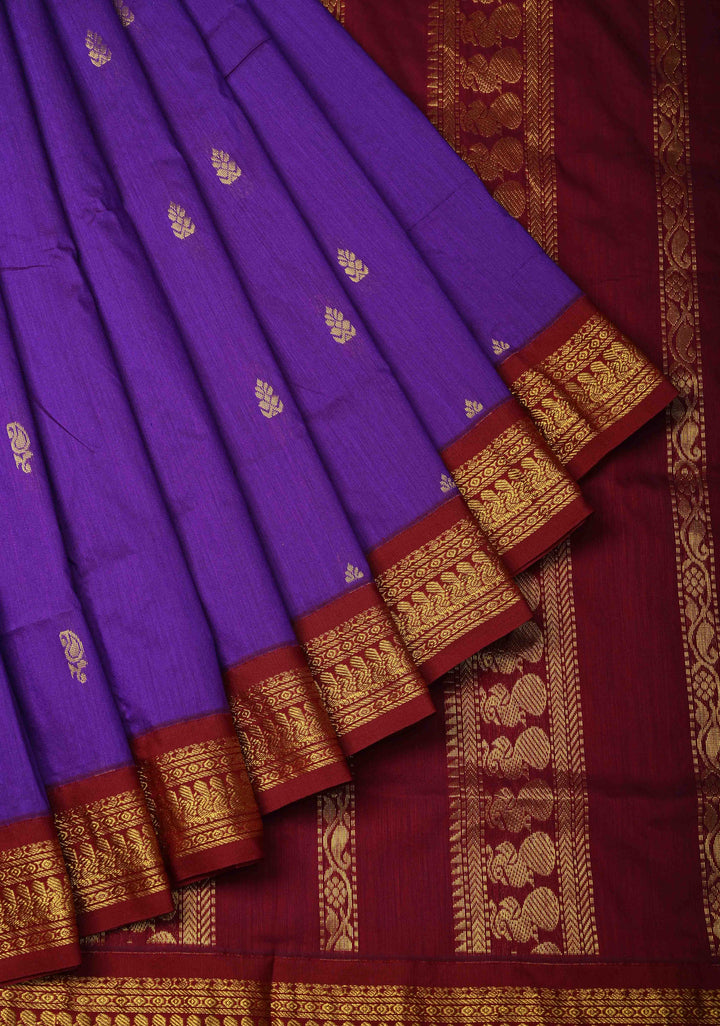 Purple Iris Venkatagiri Cotton Silk Saree with Resham Buttas and Contrast Pink Zari Border