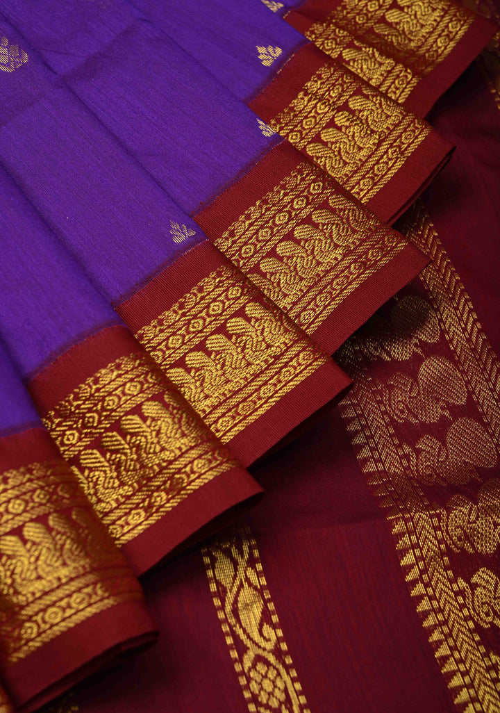 Purple Iris Venkatagiri Cotton Silk Saree with Resham Buttas and Contrast Pink Zari Border