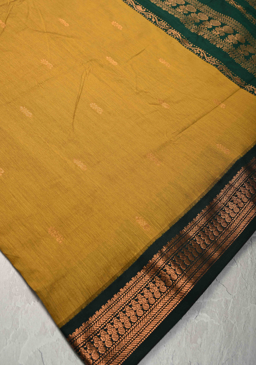Mustard Yellow Venkatagiri Cotton Silk Saree with Resham Butta and Green Zari Borders and Pallu
