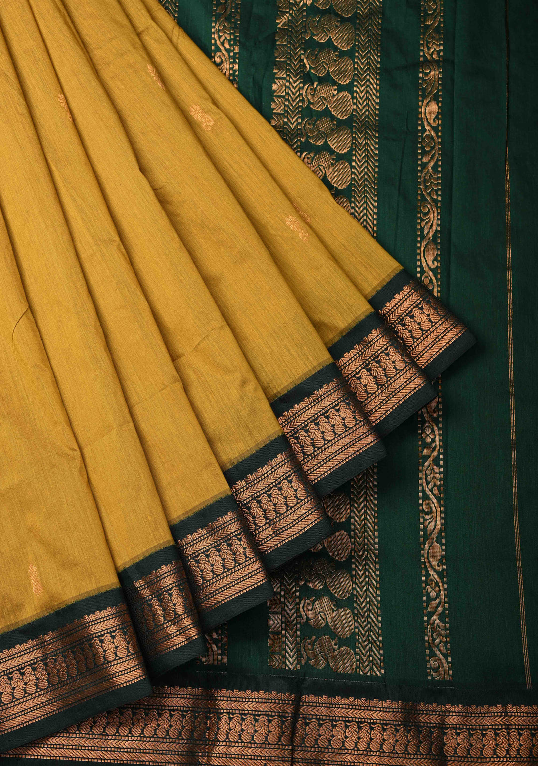 Mustard Yellow Venkatagiri Cotton Silk Saree with Resham Butta and Green Zari Borders and Pallu