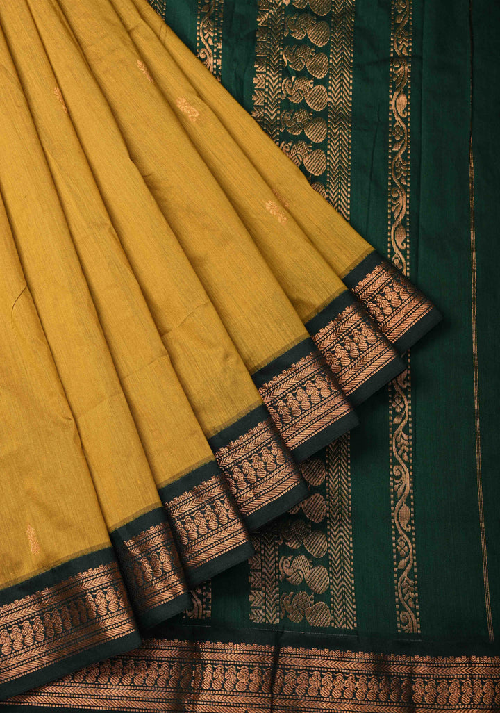 Mustard Yellow Venkatagiri Cotton Silk Saree with Resham Butta and Green Zari Borders and Pallu