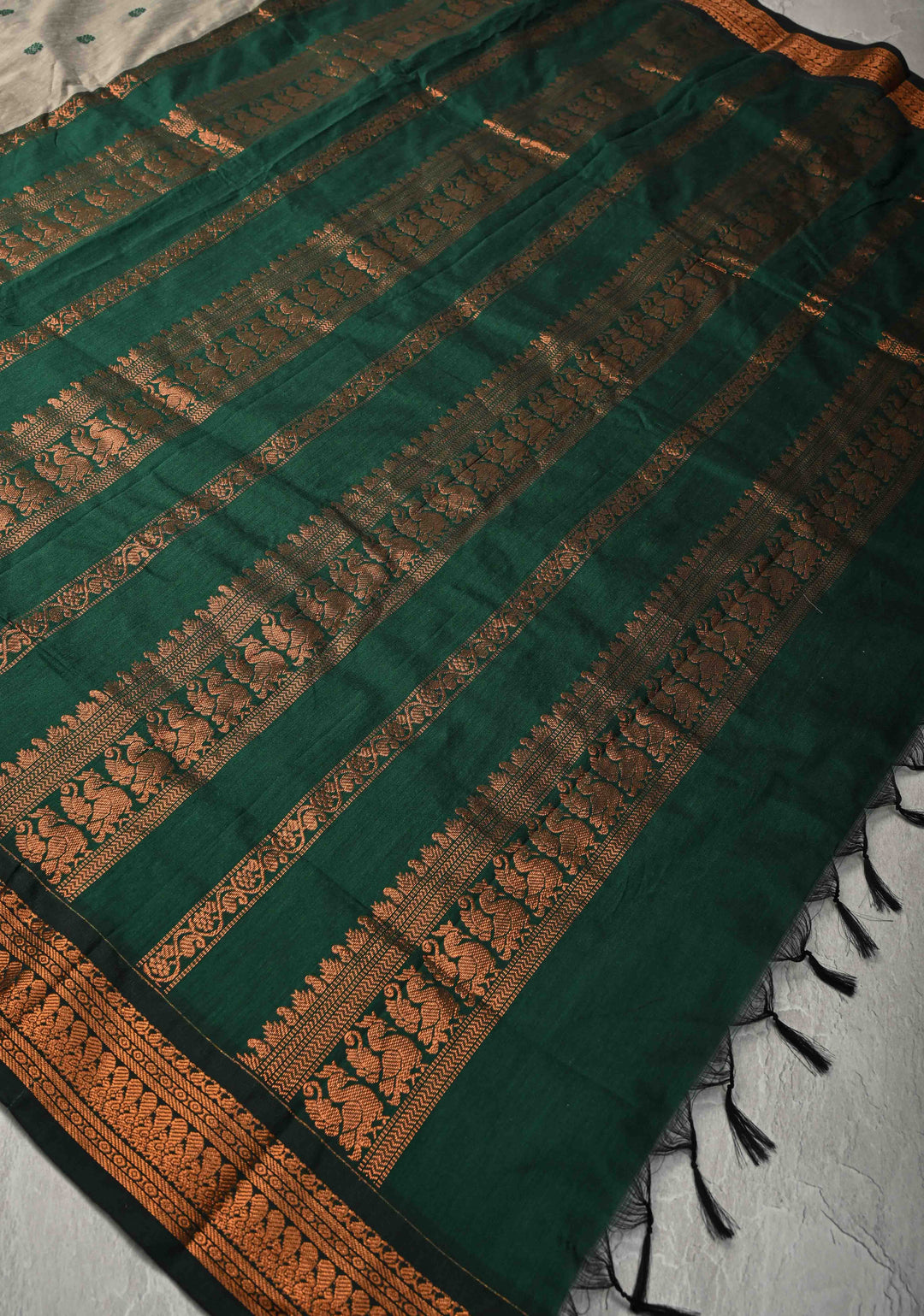 Grey Cotton Silk Saree with Resham Butta and Green Zari Borders and Pallu