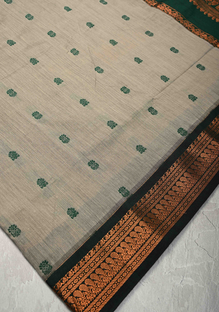 Grey Cotton Silk Saree with Resham Butta and Green Zari Borders and Pallu