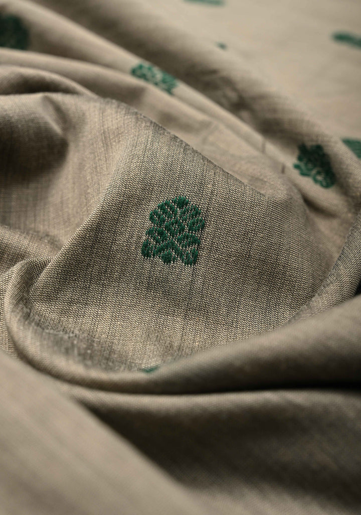 Grey Cotton Silk Saree with Resham Butta and Green Zari Borders and Pallu