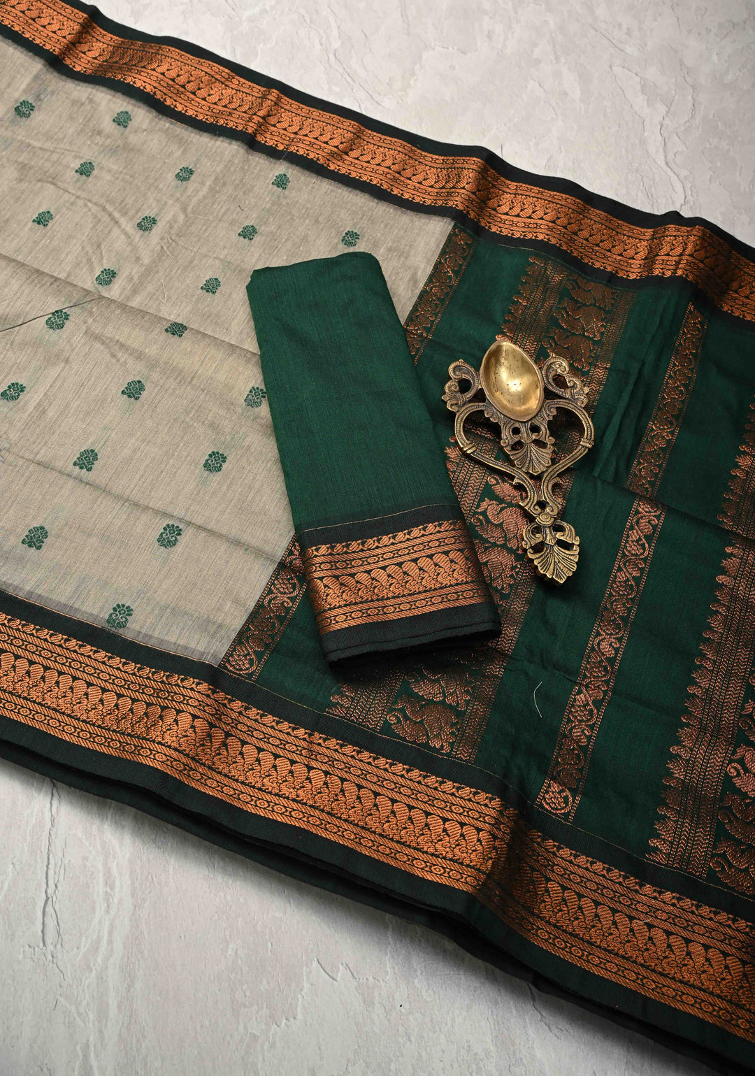 Grey Cotton Silk Saree with Resham Butta and Green Zari Borders and Pallu