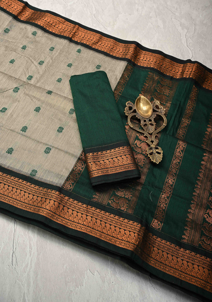 Grey Cotton Silk Saree with Resham Butta and Green Zari Borders and Pallu