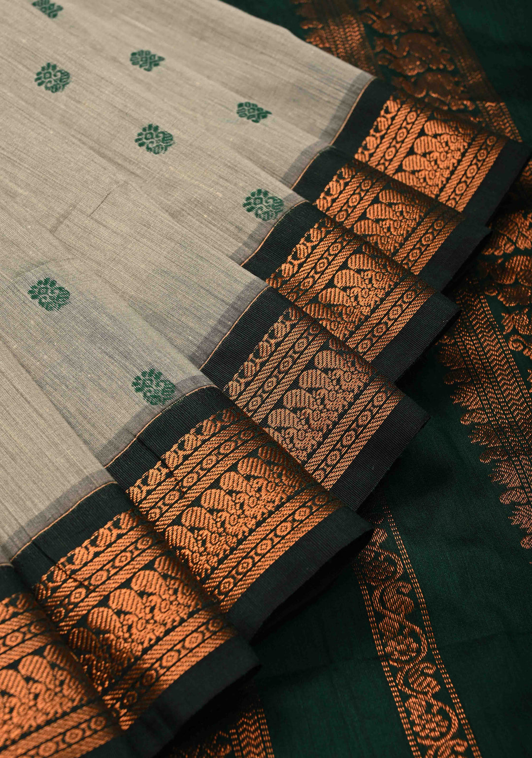 Grey Cotton Silk Saree with Resham Butta and Green Zari Borders and Pallu