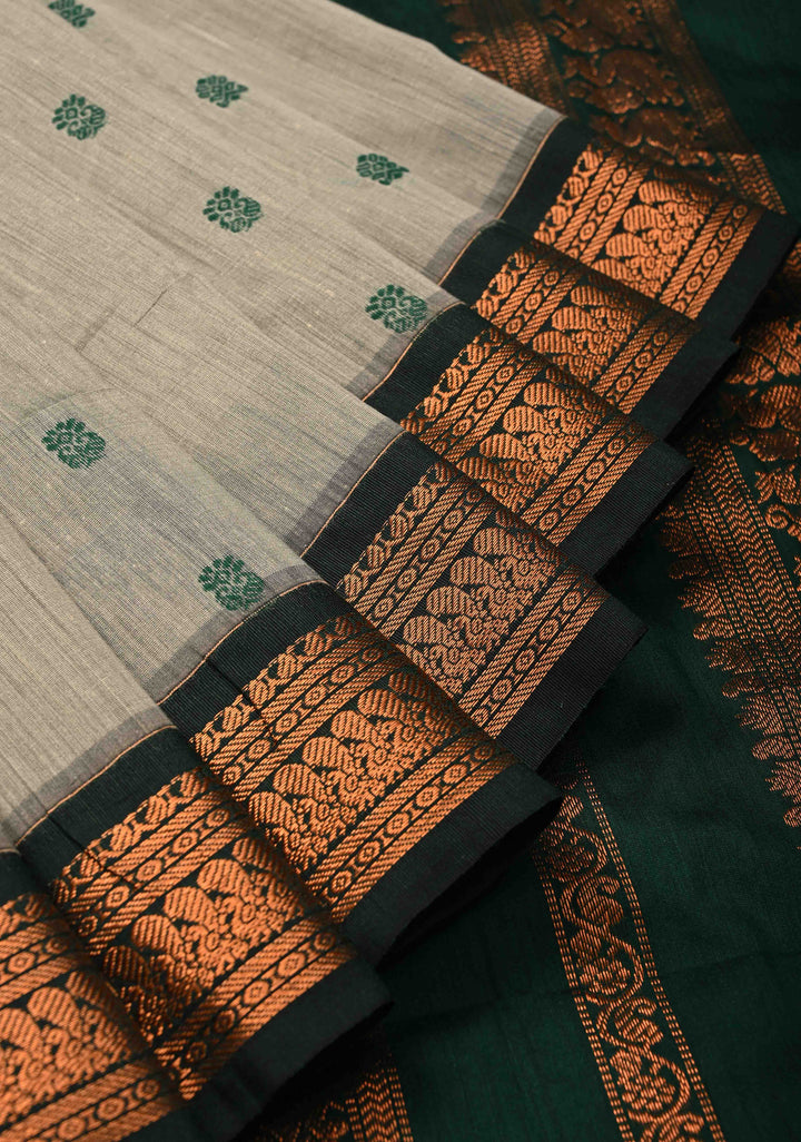 Grey Cotton Silk Saree with Resham Butta and Green Zari Borders and Pallu
