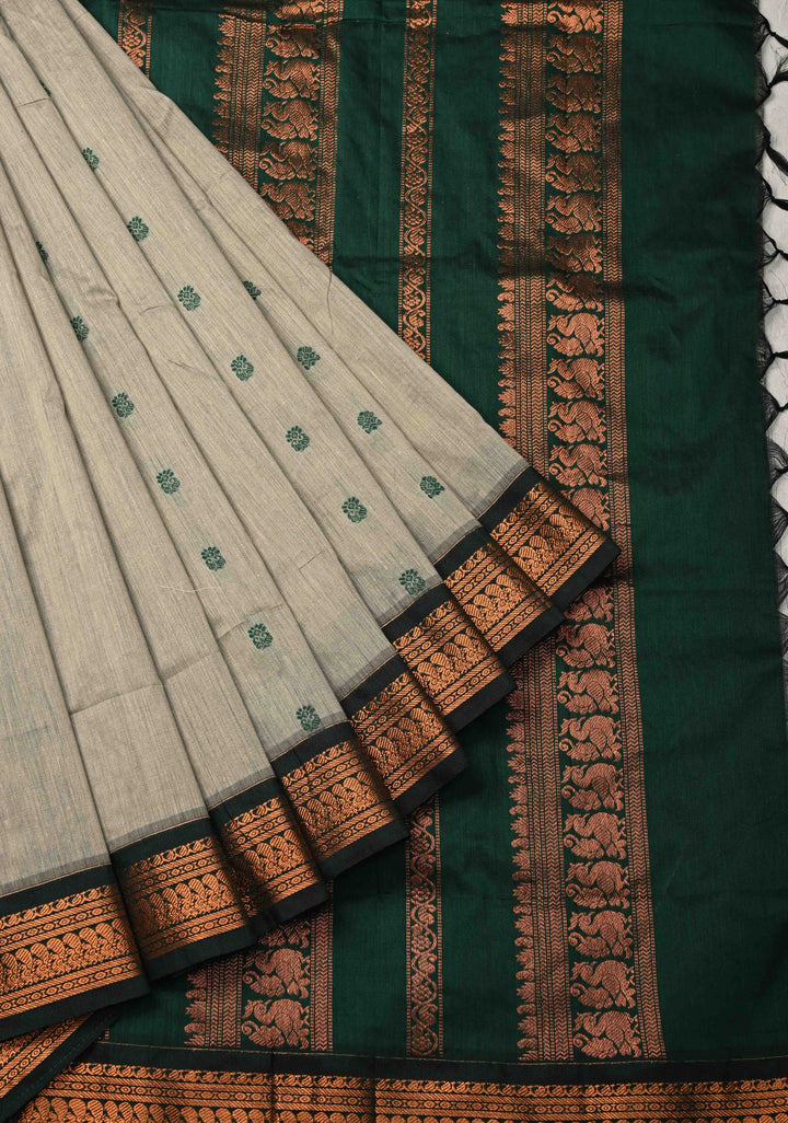 Grey Cotton Silk Saree with Resham Butta and Green Zari Borders and Pallu