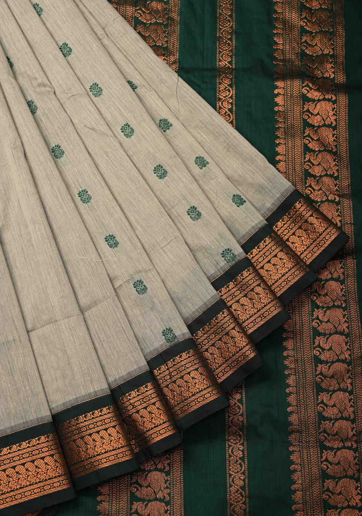 Grey Cotton Silk Saree with Resham Butta and Green Zari Borders and Pallu