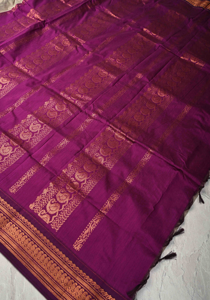 Sage Green Cotton Silk Saree with Resham Butta and purple Zari Borders and Pallu