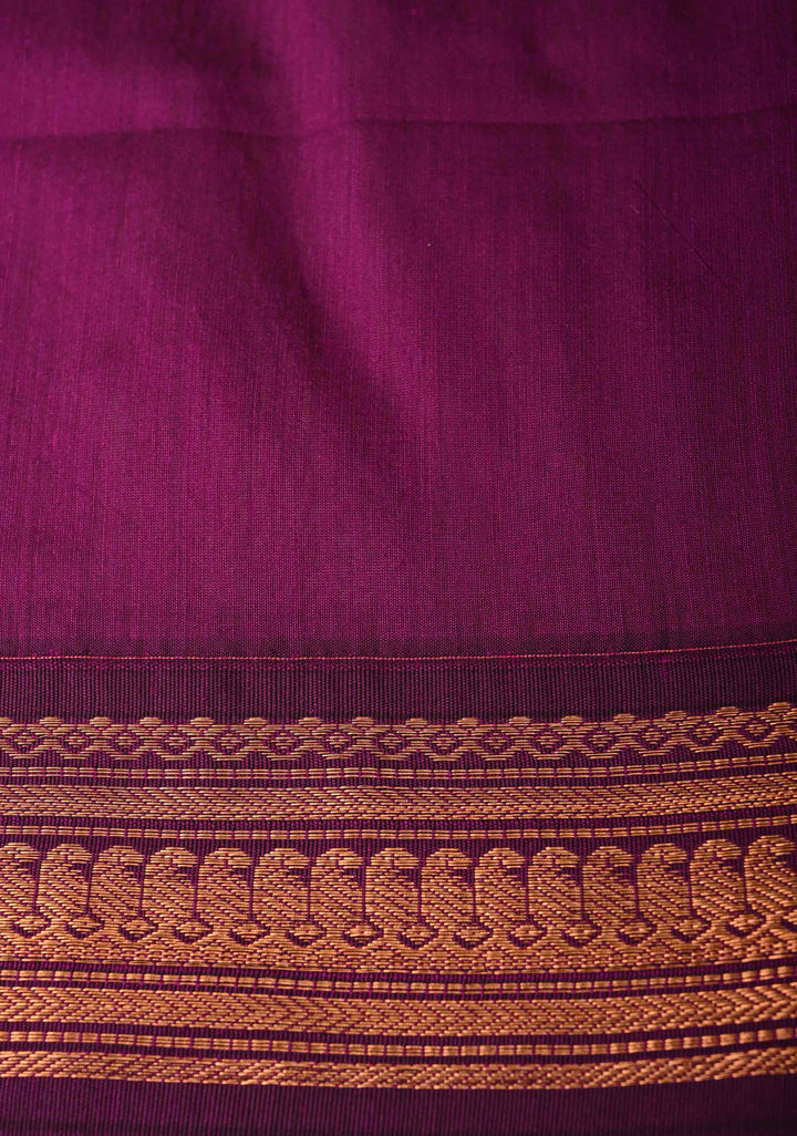 Sage Green Cotton Silk Saree with Resham Butta and purple Zari Borders and Pallu