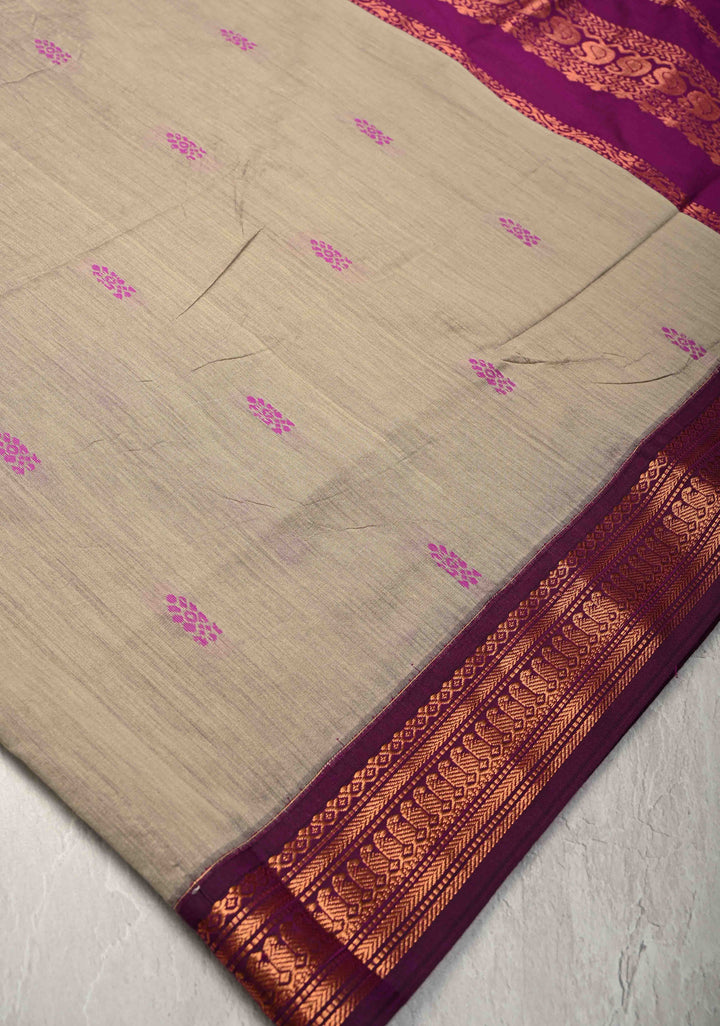 Sage Green Cotton Silk Saree with Resham Butta and purple Zari Borders and Pallu