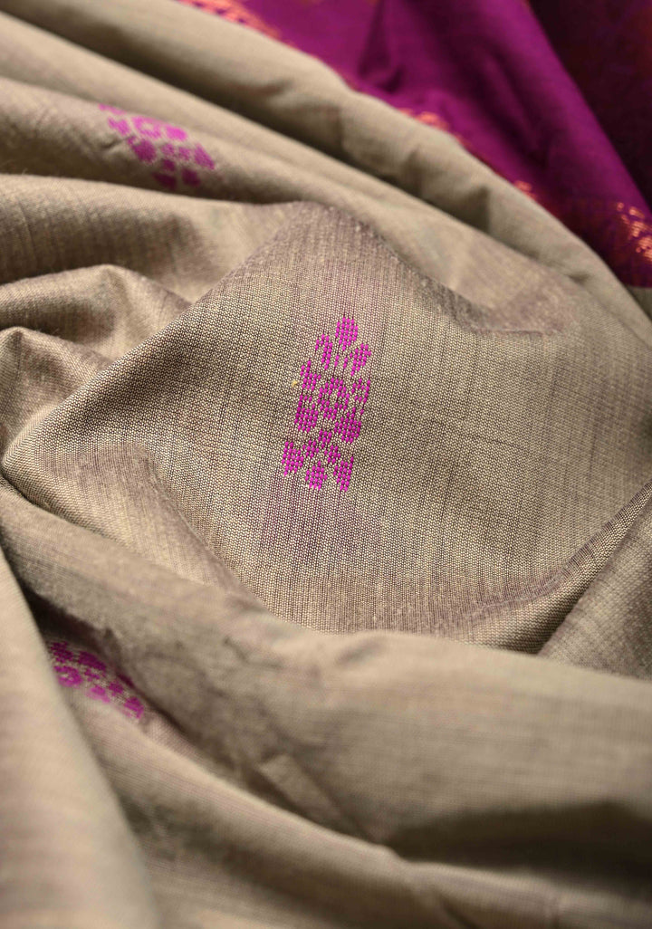 Sage Green Cotton Silk Saree with Resham Butta and purple Zari Borders and Pallu