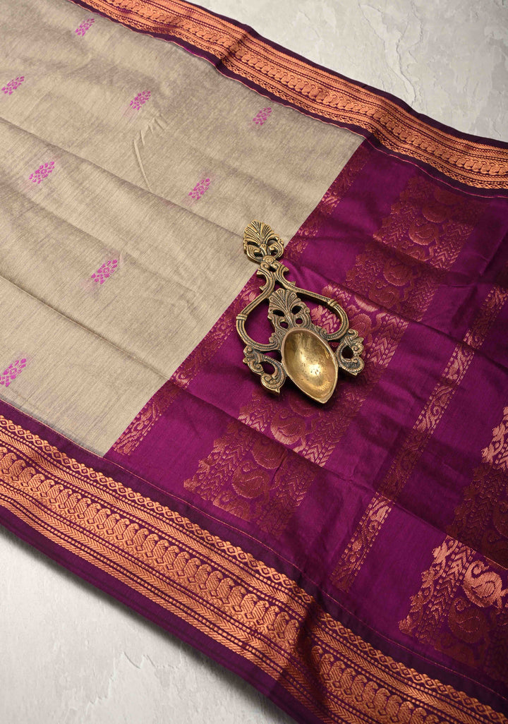Sage Green Cotton Silk Saree with Resham Butta and purple Zari Borders and Pallu