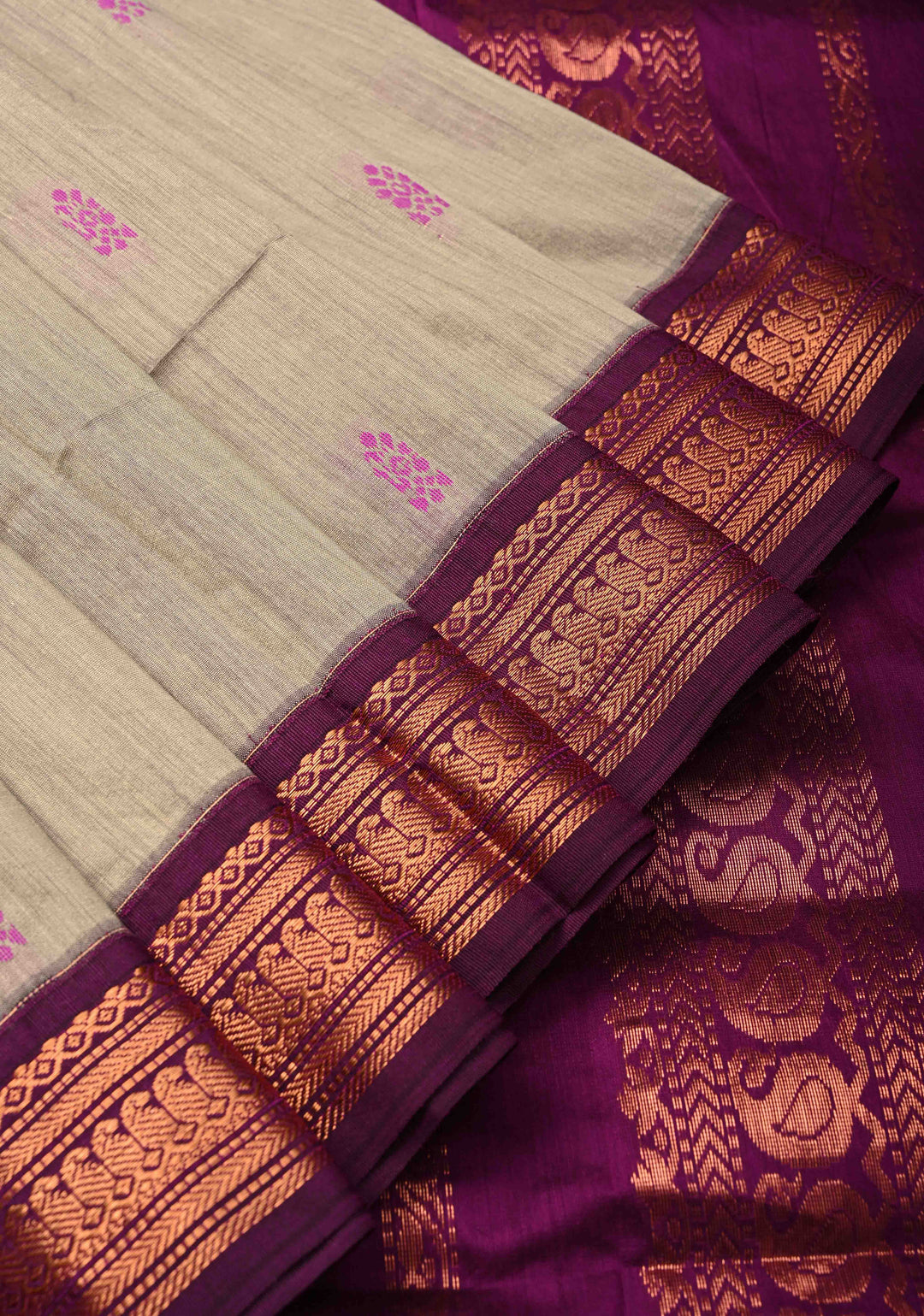 Sage Green Cotton Silk Saree with Resham Butta and purple Zari Borders and Pallu