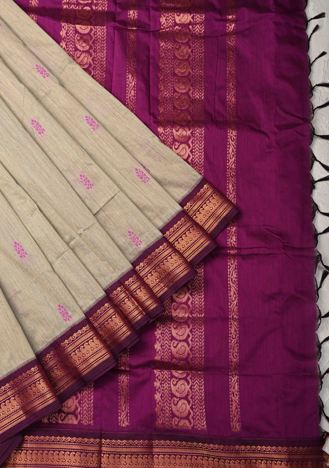 Sage Green Cotton Silk Saree with Resham Butta and purple Zari Borders and Pallu