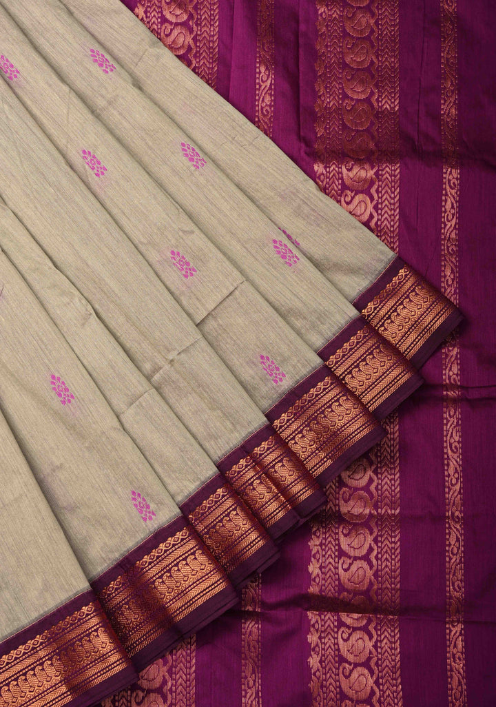 Sage Green Cotton Silk Saree with Resham Butta and purple Zari Borders and Pallu