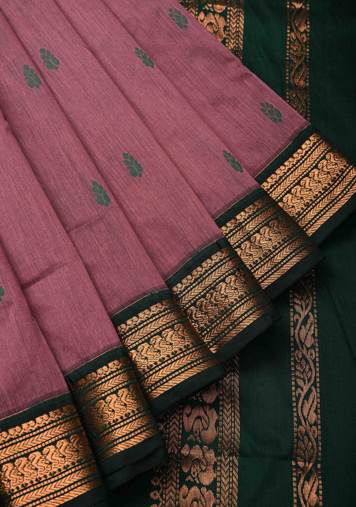 Dark Maue Cotton Silk Saree with Resham Butta and Green Zari Borders and Pallu