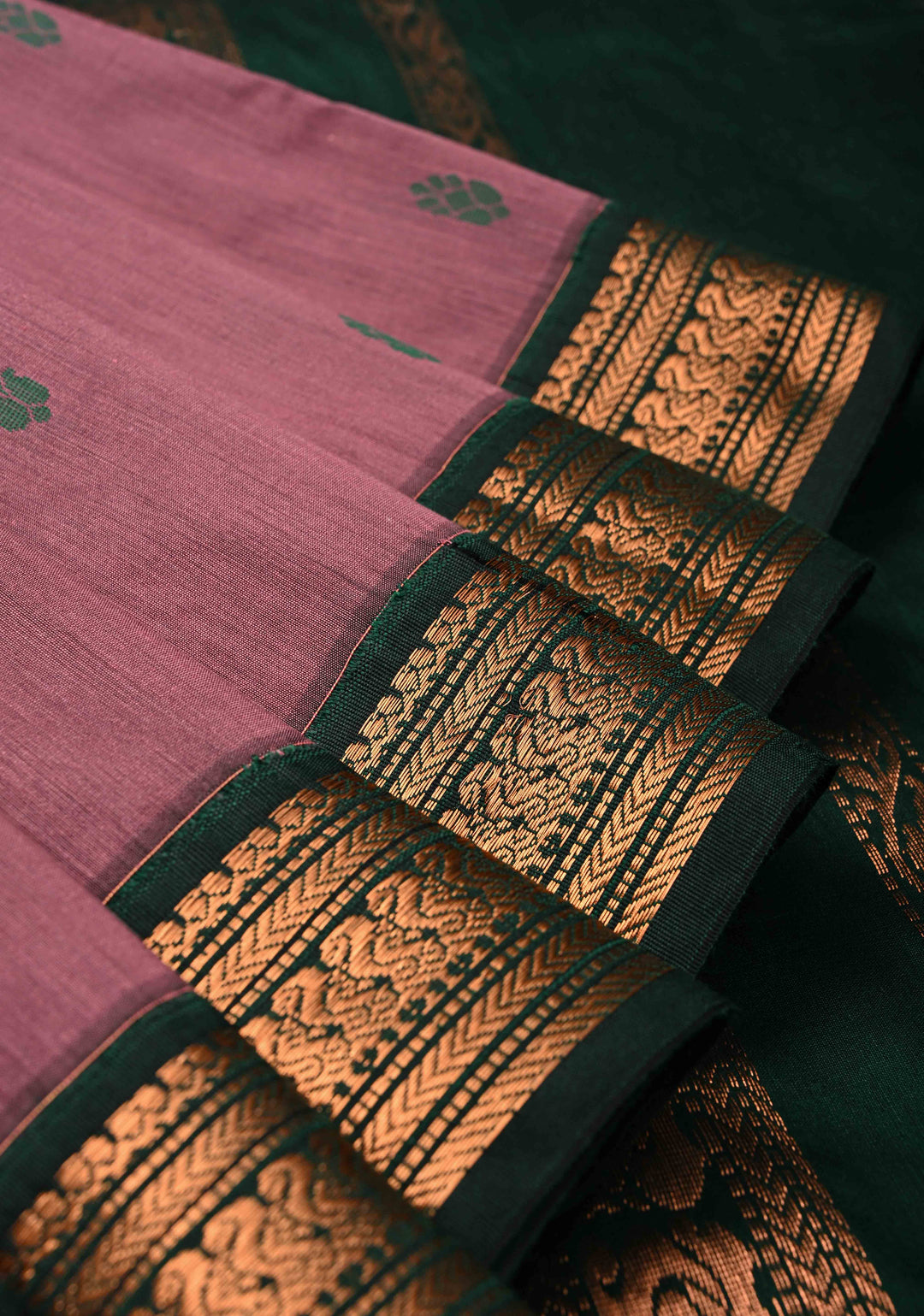Dark Maue Cotton Silk Saree with Resham Butta and Green Zari Borders and Pallu