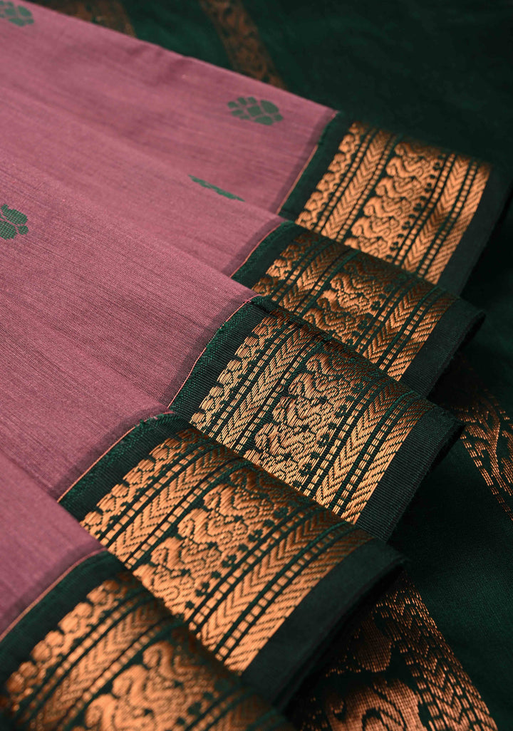 Dark Maue Cotton Silk Saree with Resham Butta and Green Zari Borders and Pallu