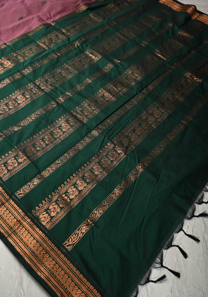 Dark Maue Cotton Silk Saree with Resham Butta and Green Zari Borders and Pallu