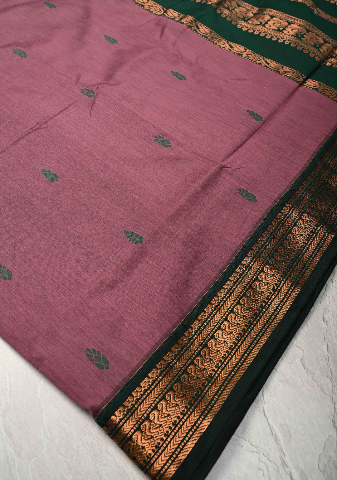 Dark Maue Cotton Silk Saree with Resham Butta and Green Zari Borders and Pallu