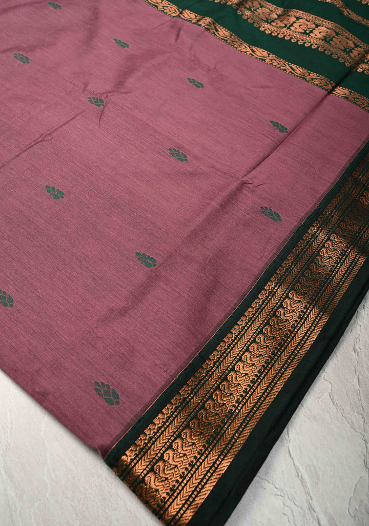 Dark Maue Cotton Silk Saree with Resham Butta and Green Zari Borders and Pallu