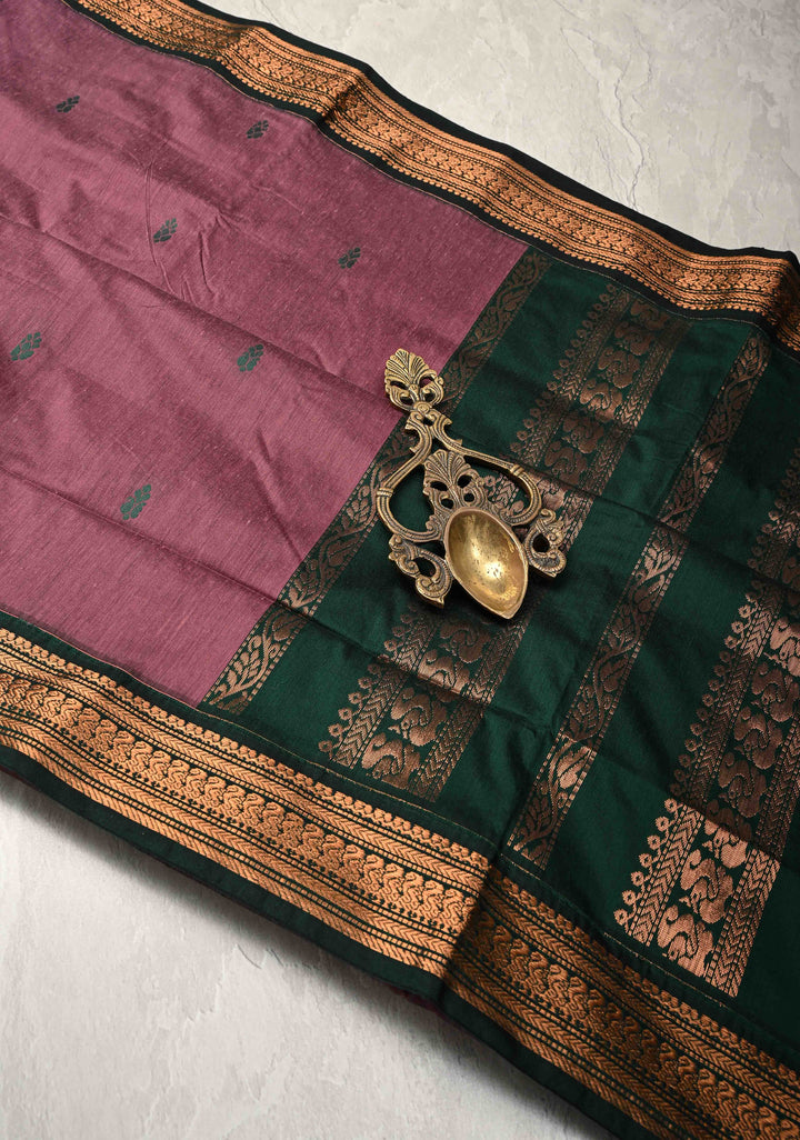 Dark Maue Cotton Silk Saree with Resham Butta and Green Zari Borders and Pallu