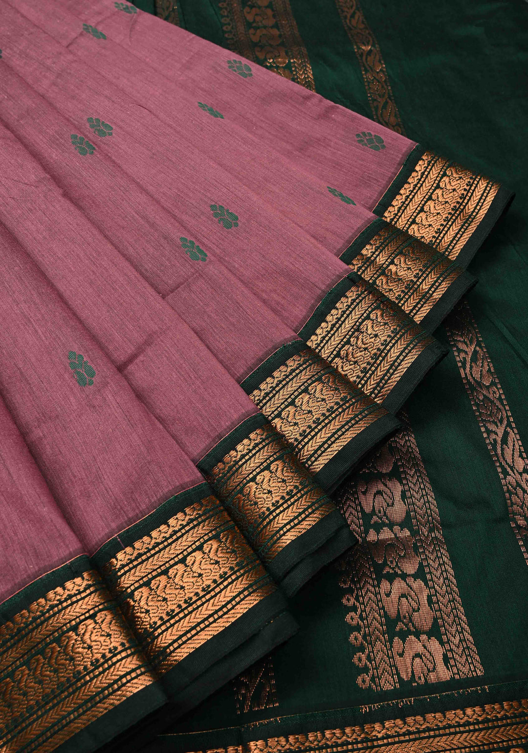 Dark Maue Cotton Silk Saree with Resham Butta and Green Zari Borders and Pallu